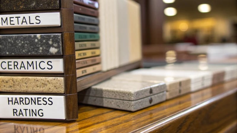 Close-up of various material samples on a wooden surface