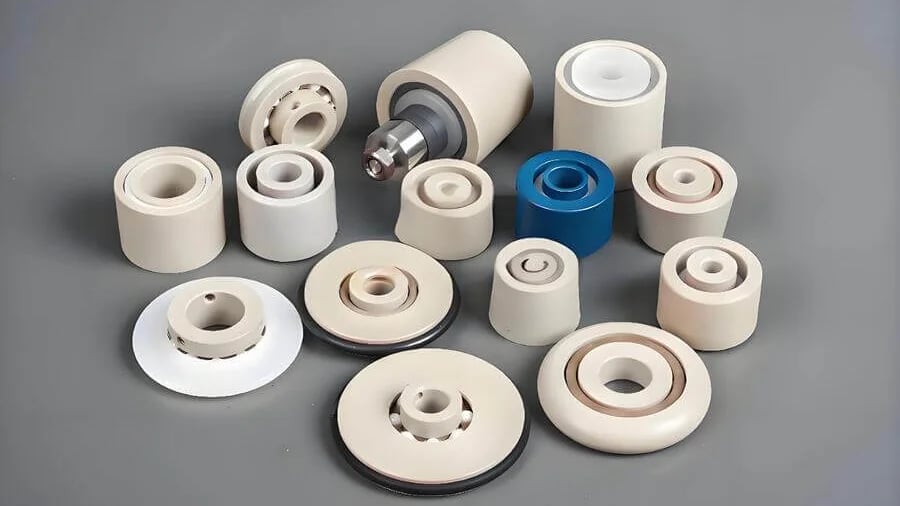 A collection of mechanical components featuring cylindrical parts in various sizes and colors.