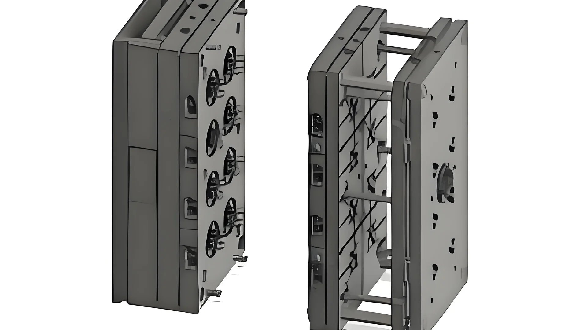 Close-up of a metallic injection mold with various surface treatments