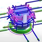 Three-dimensional mechanical structure with cylindrical body and color-coded tubes.