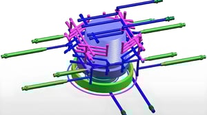 Three-dimensional mechanical structure with cylindrical body and color-coded tubes.
