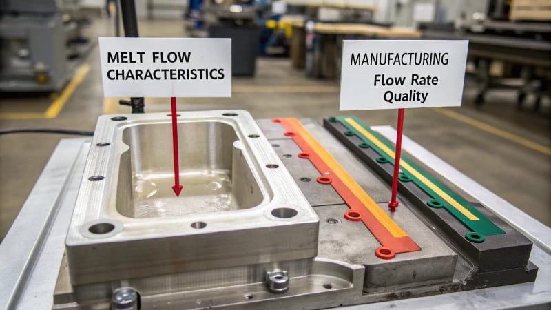 Technical illustration of melt flow characteristics in manufacturing