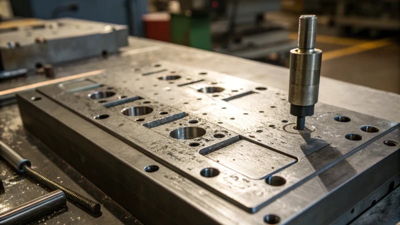 Close-up of a metal injection mold showing scratches and wear