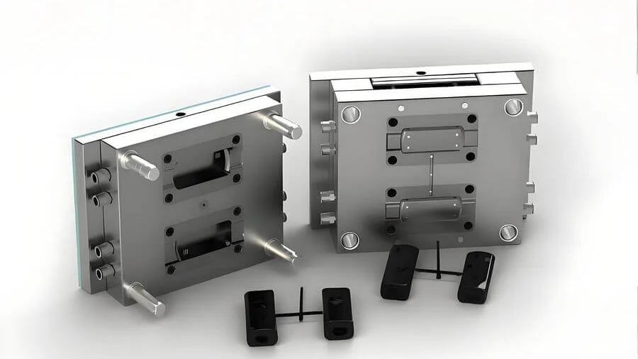 Two metal molds used in injection molding manufacturing process