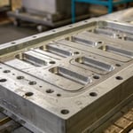 Close-up of a metal mold with intricate channels and surface wear