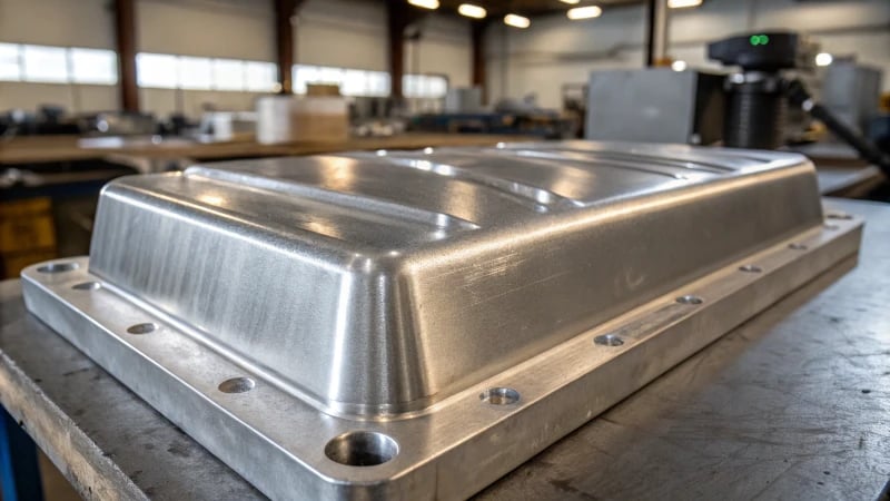 Close-up of a shiny metal mold in an industrial workshop