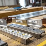 Close-up of assorted metal mold materials on a wooden workbench