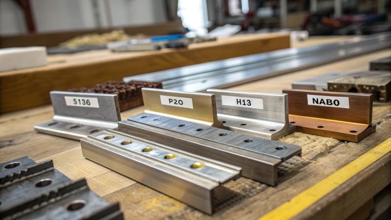 Workbench displaying various mold materials with labels under natural light.