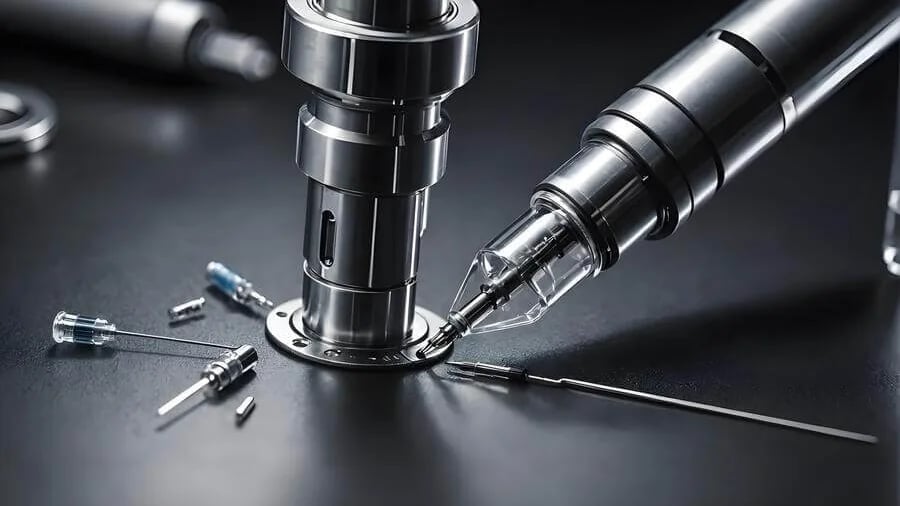 An arrangement of metallic and glass medical components including syringes and needles.