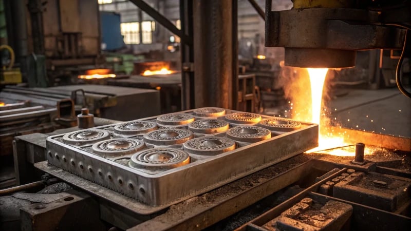 A metallic mold inside a heat treatment furnace with glowing elements.