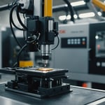 Close-up of a micro-injection molding machine in operation, showcasing precision engineering