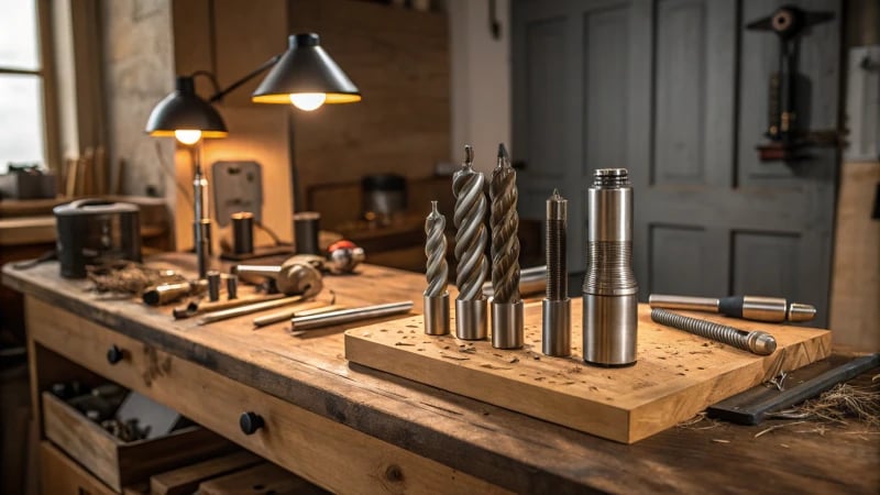 Array of milling cutters on a wooden workbench in a workshop