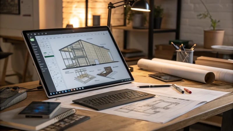 A modern architect's workspace with a sleek computer and design tools