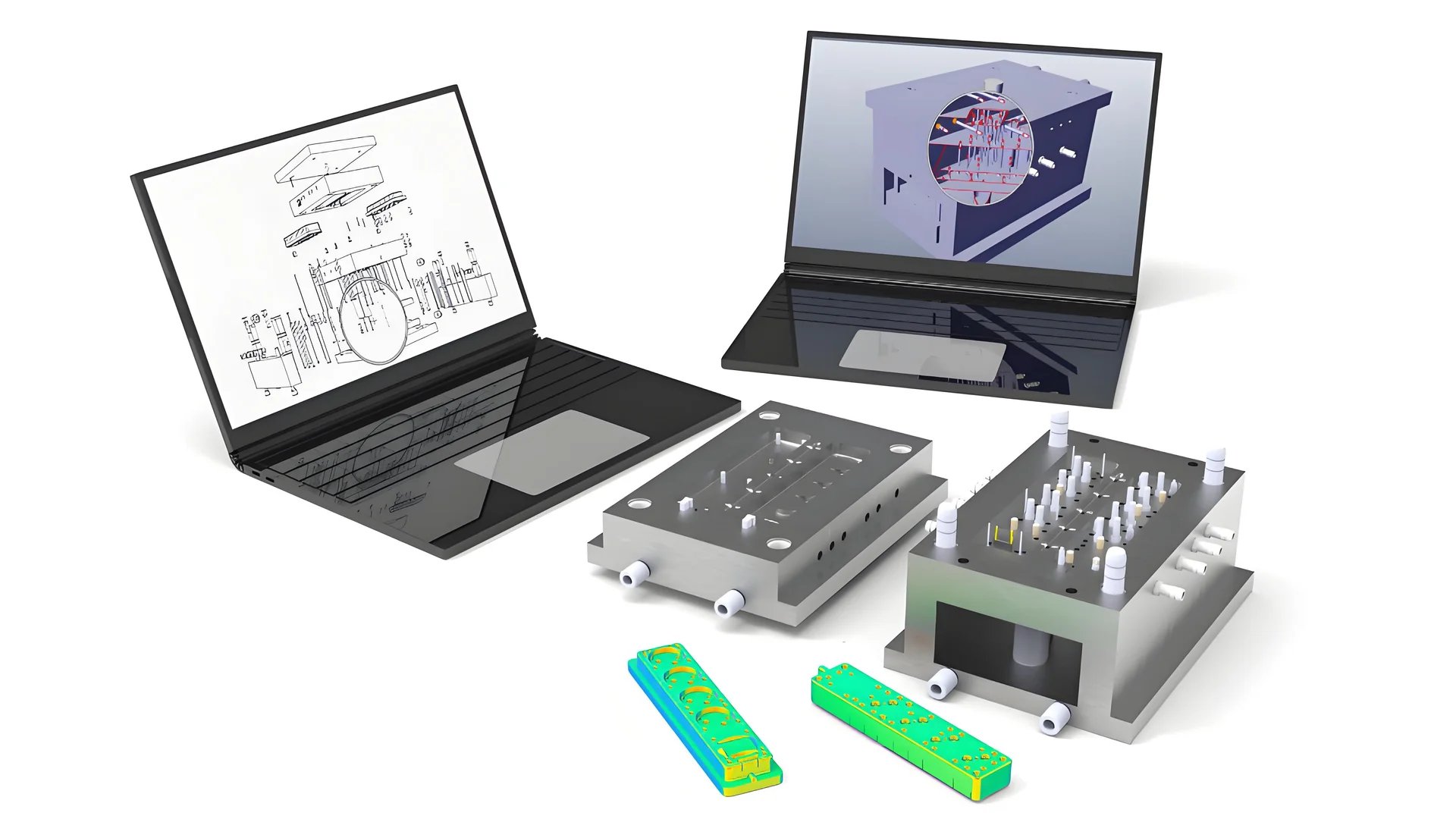 Intricate mold design for injection molding showing gate system and exhaust features