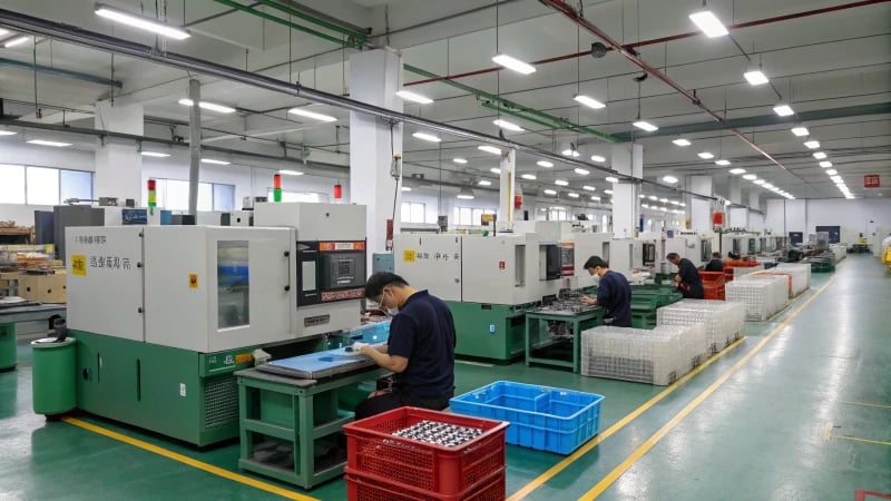 A modern injection molding factory with machines and workers