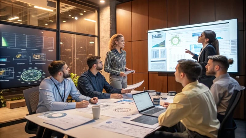 Engineers in a modern conference room discussing mold technology