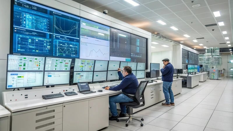 A modern control room with engineers and large screens displaying data.