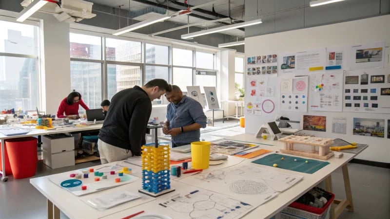 Designers collaborating in a modern design studio with sketches and prototypes