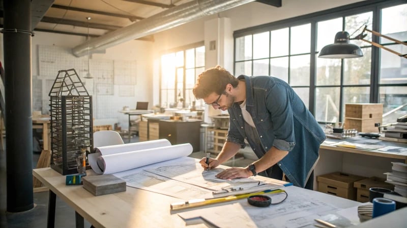 An industrial designer examining blueprints in a modern studio