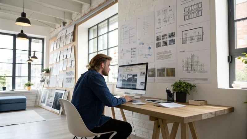 A designer working in a modern studio with blueprints on the computer screen