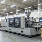 A modern industrial factory with a high-tech injection molding machine