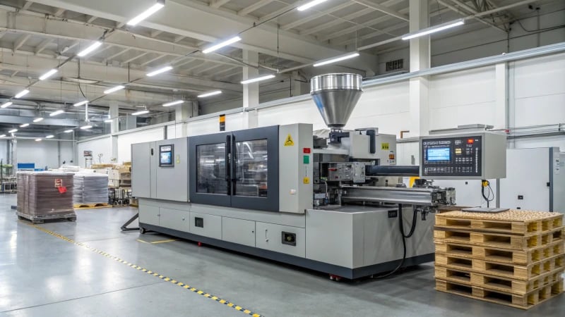 A modern industrial factory with a high-tech injection molding machine