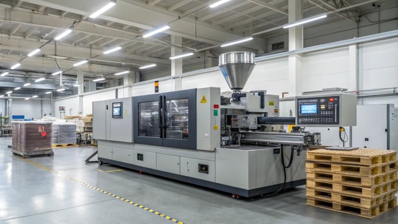 A high-tech injection molding machine in a factory with detailed gauges