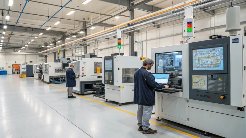 Engineers monitoring injection molding machines in a modern factory