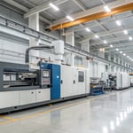 A modern industrial factory with an injection molding machine in operation.