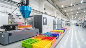 A state-of-the-art injection molding machine injecting colorful molten plastic.
