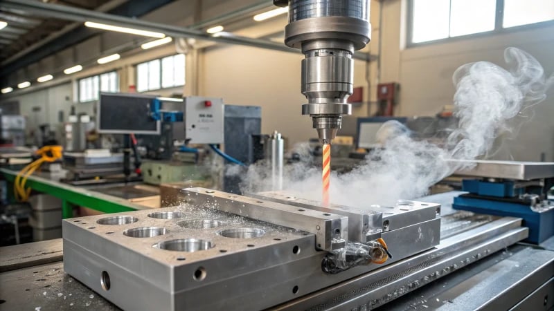 Injection molding machine in a factory setting