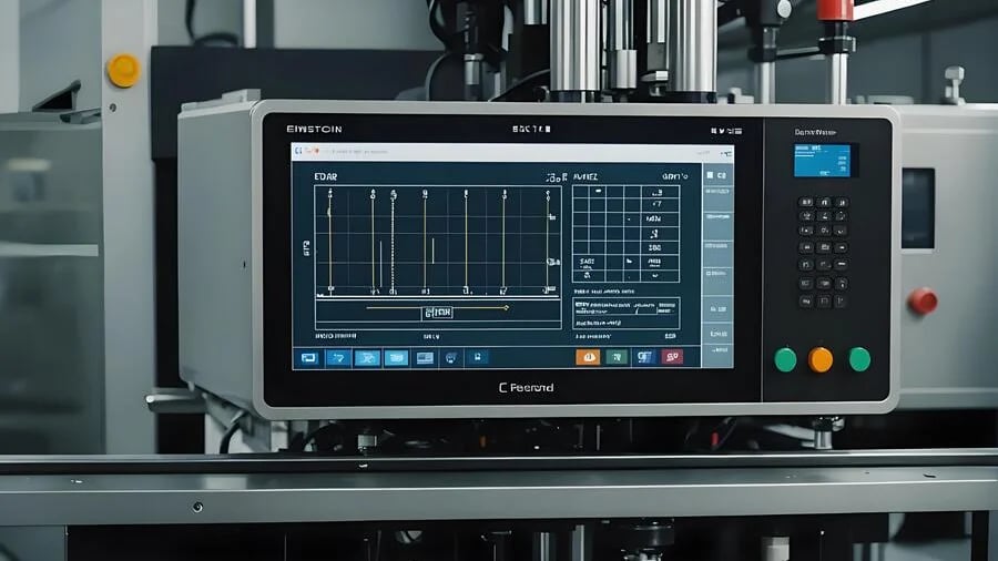 A modern industrial machine with a touchscreen display and physical buttons in a factory environment.