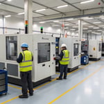 A modern industrial workshop with advanced machinery and technicians