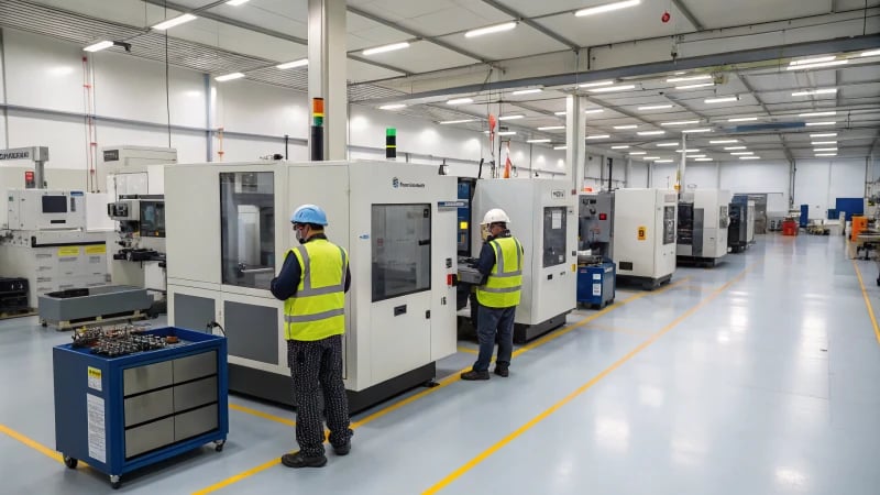 A modern industrial workshop with advanced machinery and technicians