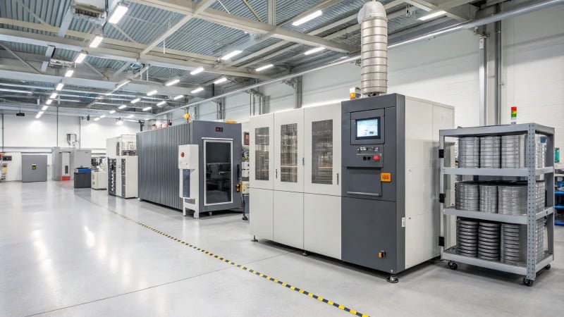 A modern industrial facility with advanced polycarbonate processing equipment