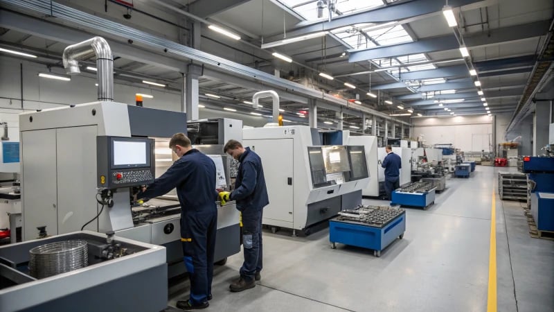 A modern industrial workshop with CNC machines and technicians at work