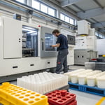 A technician adjusting an injection molding machine in a workshop.