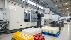 A technician adjusting an injection molding machine in a workshop.