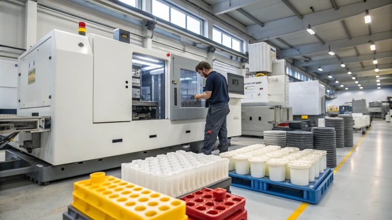 A technician adjusting an injection molding machine in a workshop.