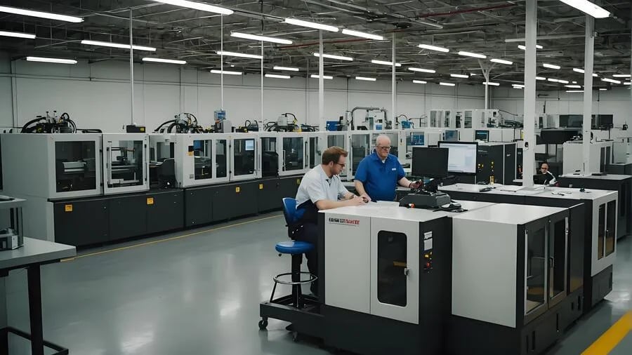 Modern industrial workspace with advanced machinery and personnel collaborating