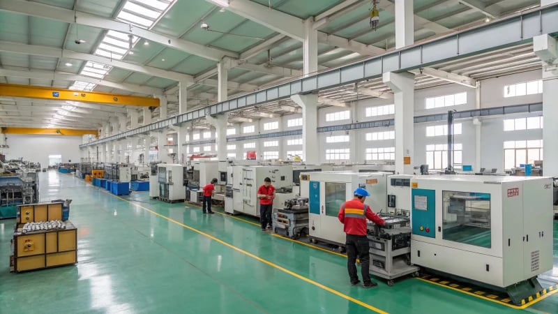 A modern injection mold manufacturing facility with advanced machinery and workers