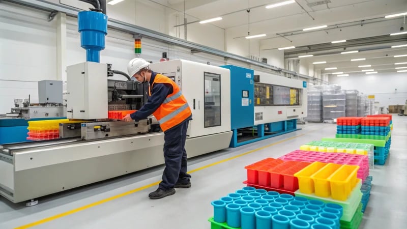 Close-up of a modern injection molding machine in a factory