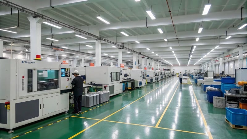 Interior view of a modern injection molding factory with workers