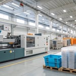 A modern injection molding factory with a machine in action