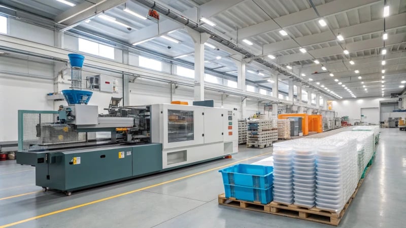 A modern injection molding factory with a machine in action