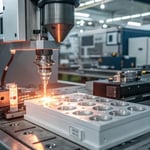 A modern injection molding machine in operation, with molten plastic being injected into a mold.