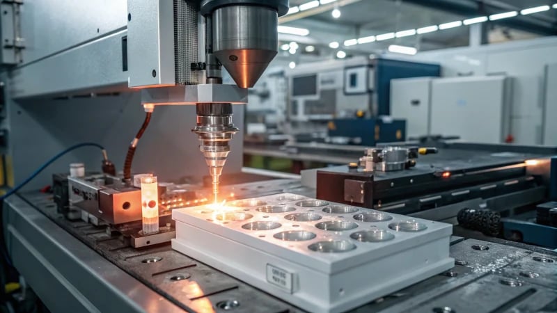A modern injection molding machine in operation, with molten plastic being injected into a mold.