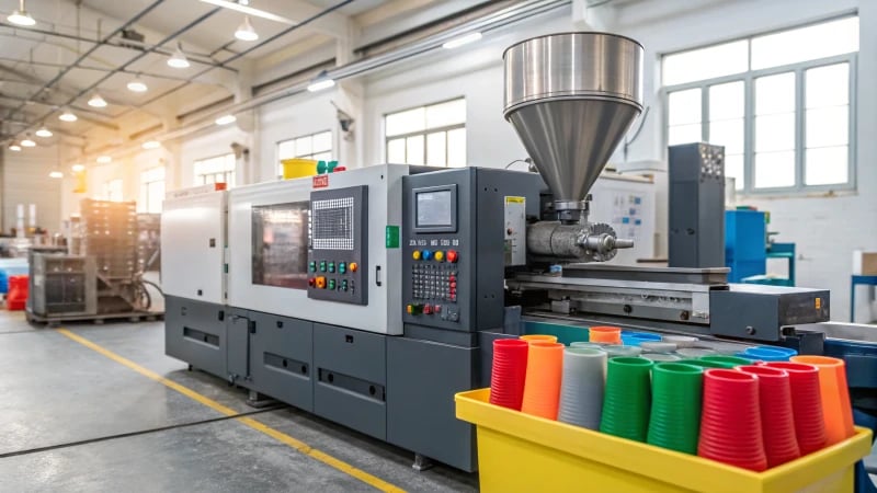 Close-up of a plastic molding machine with molten plastic