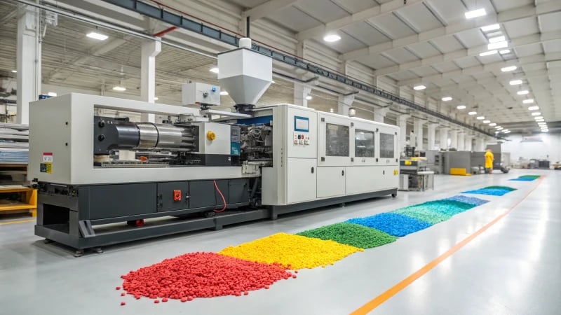 A modern injection molding machine in action, surrounded by plastic pellets.