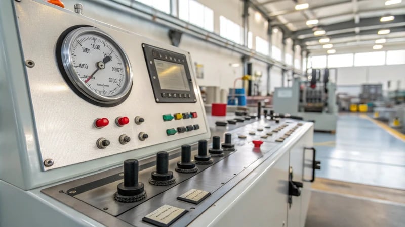 Close-up of a modern injection molding machine's control panel with a pressure gauge and adjustable speed controls